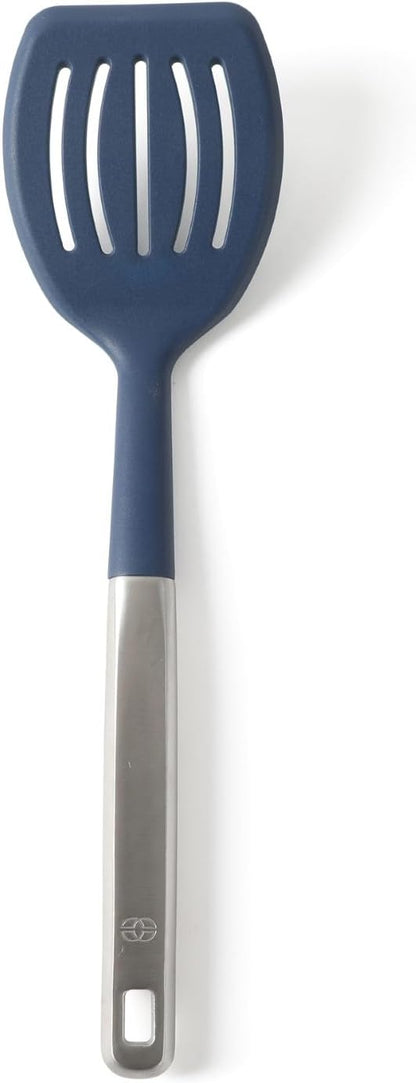 Calphalon Slotted Turner, Kitchen Flipping Spatula, Slotted Spatula, Stainless Steel Turner with Silicone Heat Resistance Handle, Nonstick-Safe Spatula for Draining and Flipping (Navy)