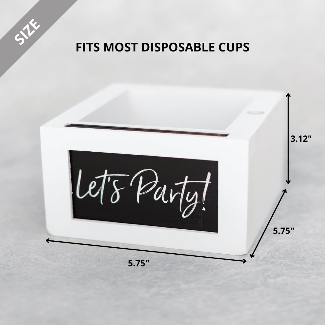 White Party Cup Holder with Marker Slot- Drink Caddy with Interchangeable Signs- Mark Your Cup and Drink Up-Hosting Essentials Wood Cup Dispenser- Brunch Supplies- Disposable Cup Holder Hostess Gifts
