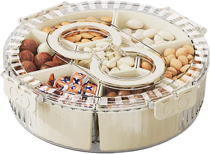 Koja Rotating Snackle Box Container with Lid - Portable Divided Serving Tray for Snacks, Nuts, Candy, Charcuterie, Veggies & Fruit - 360° Turntable Food Organizer (Beige, 7-Compartment)