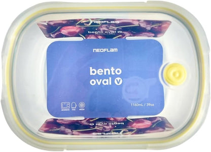 Neoflam 2 Compartment Glass Food Container with Airtight Lid – Divided Oval Bento Lunch Box with Vent, Reusable Meal Prep Storage, Microwave, Oven & Dishwasher Safe (37 oz, 1.1 Liter, 4.6 cups)
