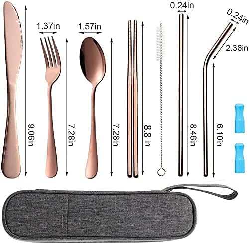 Travel Utensils Set with Case Reusable Portable Cutlery Set Stainless Steel 8pcs Including Dinner Knife Fork Spoon Chopsticks Straws(Rainbow)
