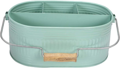 Alpha Living Home Galvanized Metal Utensil Caddy - Rustic Farmhouse Organizer Metal Garden Caddy with 4 Compartments and Wooden Handle for Kitchen, Buffet & Outdoor Events (Silver)