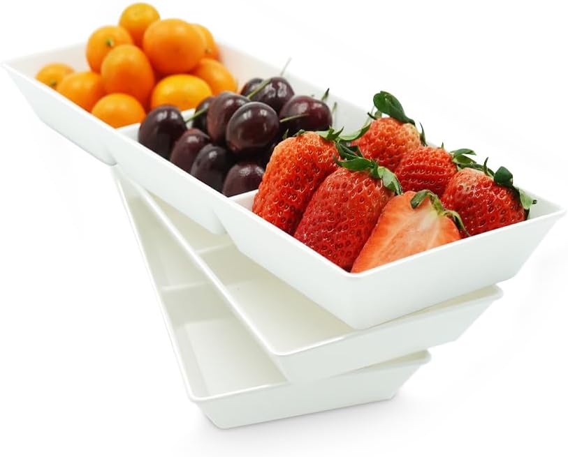Divided Serving Tray Platter, 4 Pack 15" x 10" Fruit Veggie Food Tray for Party, Plastic Serving Trays for Appetizer, Snack, Dessert, Cookie, Brunch Decorations Platters, White Trays BPA-Free