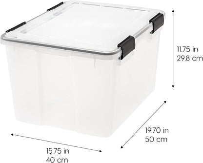 IRIS USA WeatherPro Storage Bins with Lids, 47 Qt, Gasket Seal, 2 Pack | Airtight gasket helps protect clothing, shoes, crafts, keepsakes, and household supplies from moisture and dust.