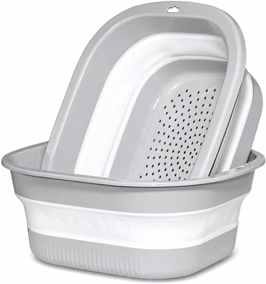 Collapsible Colander & Wash Basin Set, 2-in-1 Foldable Dishpan with Drain Holes, Space-Saving Kitchen Sink Tub for Washing Fruits, Vegetables, Meal Prep & Kitchen Use (Pink)