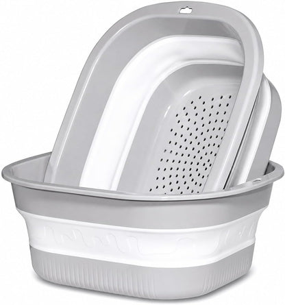 Collapsible Colander & Wash Basin Set, 2-in-1 Foldable Dishpan with Drain Holes, Space-Saving Kitchen Sink Tub for Washing Fruits, Vegetables, Camping, RV & Travel (Green)