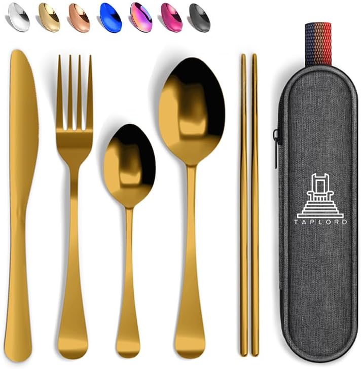 Taplord Portable Travel Silverware Set With Case, Includes 10 Pcs of Travel Utensils With Case, Stainless Steel Flatware Set For Camping, Lightweight (Multi-Color)