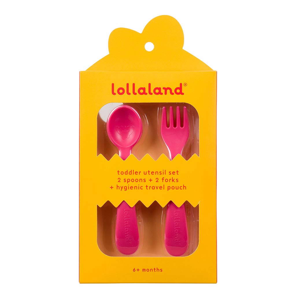 Lollaland 5 Piece Plastic Toddler Silverware Spoon and Fork Utensil Set - Reusable Toddler Cutlery With Hygienic Travel Pouch (Pink)
