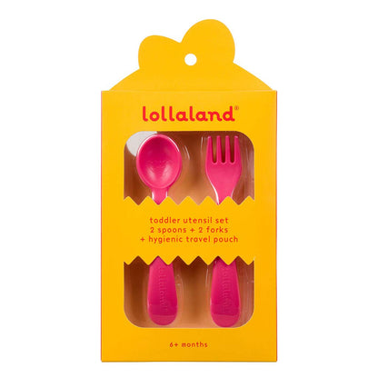 Lollaland 5 Piece Plastic Toddler Silverware Spoon and Fork Utensil Set - Reusable Toddler Cutlery With Hygienic Travel Pouch (Pink)