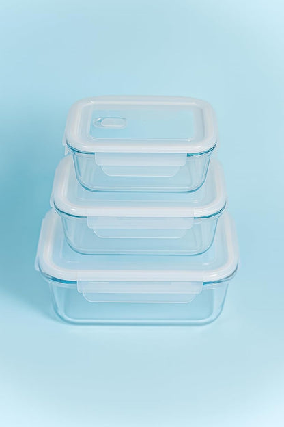 Glass Food Storage Container Set, 3 Piece, Rectangular with White Lids, 13.9oz/23.6oz/35.1oz Capacity, Stackable Meal Prep Containers
