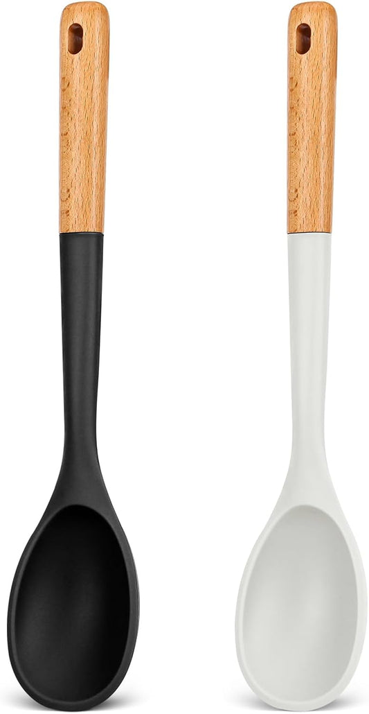 Badiano Large Silicone Cooking Spoons, Nonstick Solid Wooden Handle, 13.2"