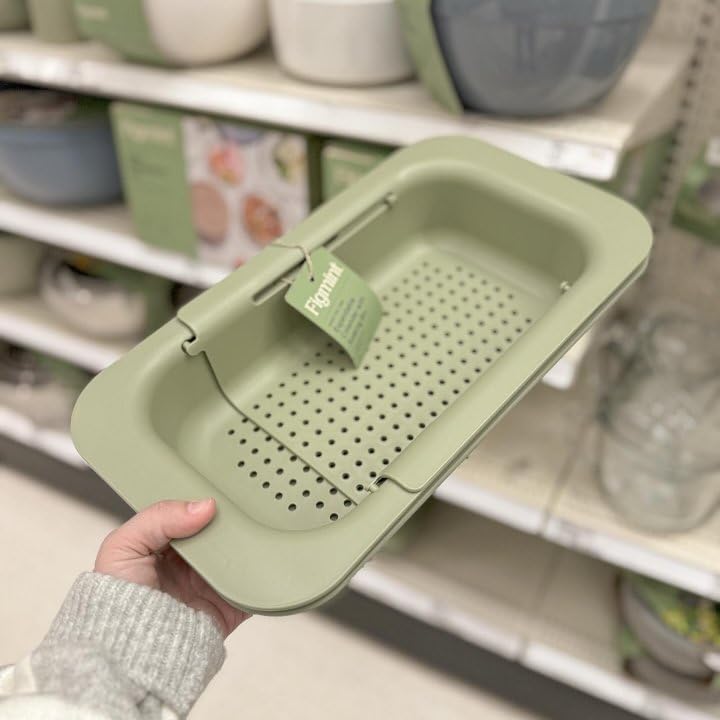 Figmint Green, Plastic Soaking Tray Narrow Over the Sink Expandable Colander (pack of 2)