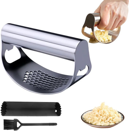 Garlic Press Rocker - 2024 NEW Stainless Steel Garlic Mincer Garlic Crusher with Peeler, New Innovative Garlic Chopper with Peeler and Scraper for Smash Garlic (Black)
