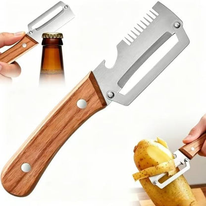 Multifunctional Vegetable Peeler, 2-in-1 Peelers For Kitchen with Bottle Opener, Sharp Stainless Steel Swivel Blade, Wooden Handle, For Vegetables or Fruits that Need to Be Peeled (2)2PCS