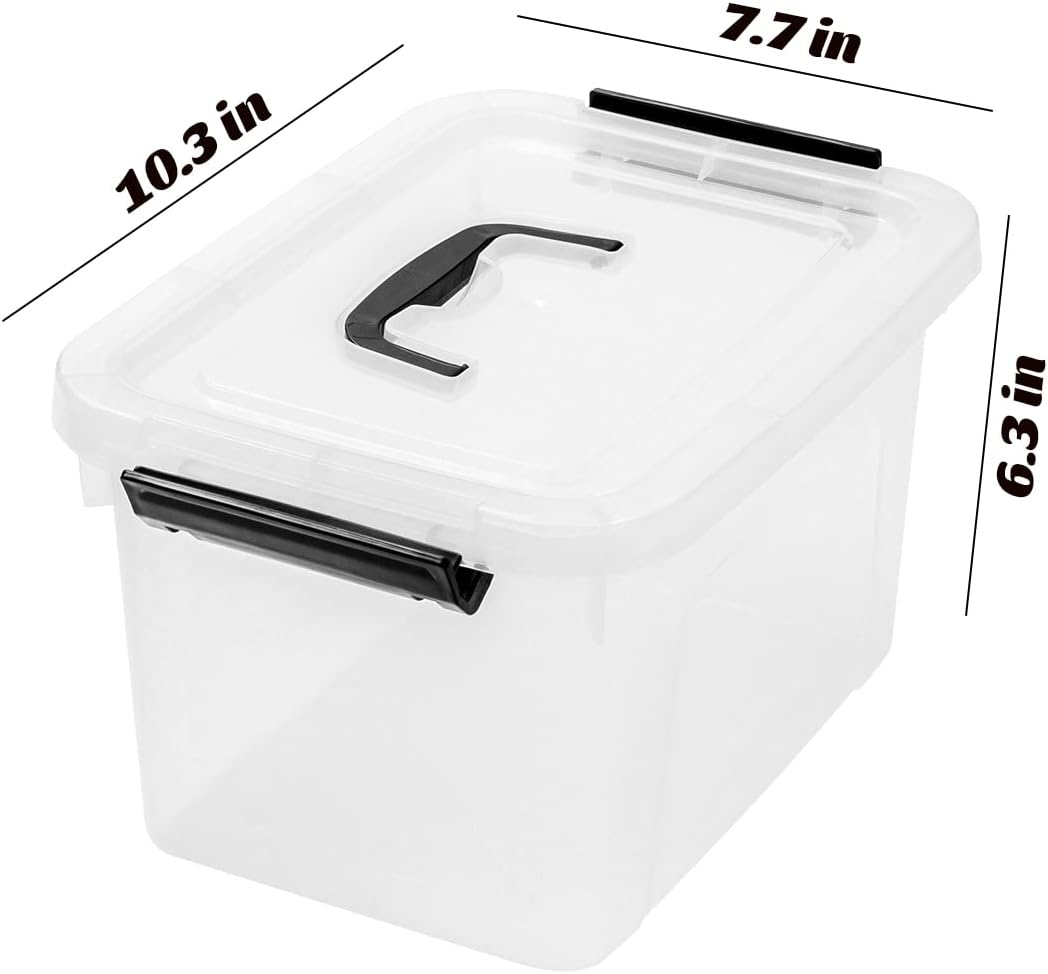 6 Quart Stackable Plastic Storage Bins with Lids, 6 Pack Clear Black Small Organizer Boxes with Latches for Bathroom, Pantry, Office Desk and Small Item Storage
