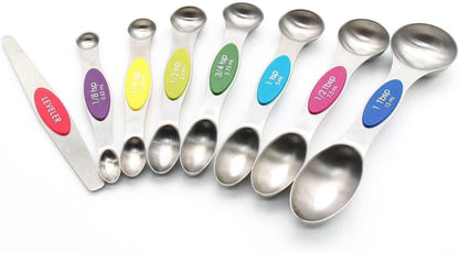 Magnetic Measuring Cups and Spoons Set, Strong N52 Magnets, Heavy Duty 304 Stainless Steel Fits in Spice Jars for Baking & Cooking, BPA Free, Round Set of 15 with Leveler Black