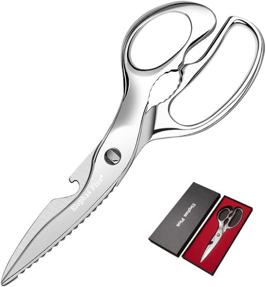 Professional All Stainless Steel Kitchen Scissors, Heavy Duty Stainless Steel Utility Shears for Vegetables, Meat, Fish, Pizza Comes with Black Gift Box Packaging