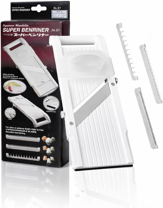 Benriner Mandoline Super Slicer, with 4 Japanese Stainless Steel Blades, BPA Free, 14.5 x 5.25-Inches, Official US Version with Authentic Retail Packaging
