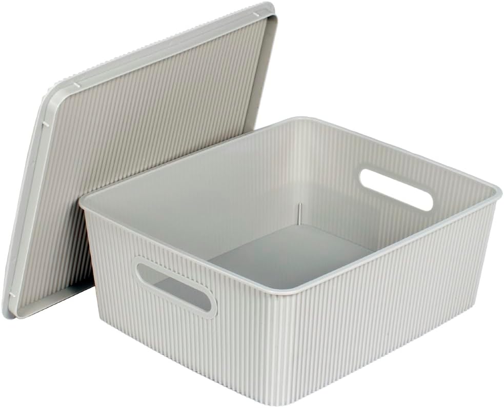 Glad Storage Baskets with Lids - Set of 4 Stackable Plastic Boxes with Handles - Decorative Shelf Organizer Bins for Bathroom and Closet, Blue, 3.1 Gallons