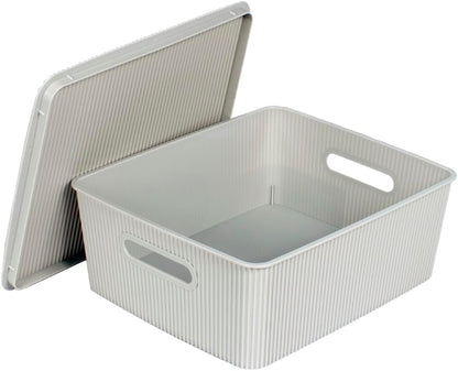 Glad Storage Baskets with Lids - Set of 4 Stackable Plastic Boxes with Handles - Decorative Shelf Organizer Bins for Bathroom and Closet, Blue, 3.1 Gallons