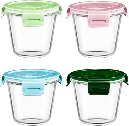 Small Round Glass Food Storage Containers with Lids, 1.5 Cup Round Food Containers set BPA-Free, 12oz Glass Lunch Bowls for Soup Leftover, Microwave, Dishwasher and Freezer Safe (4pack)
