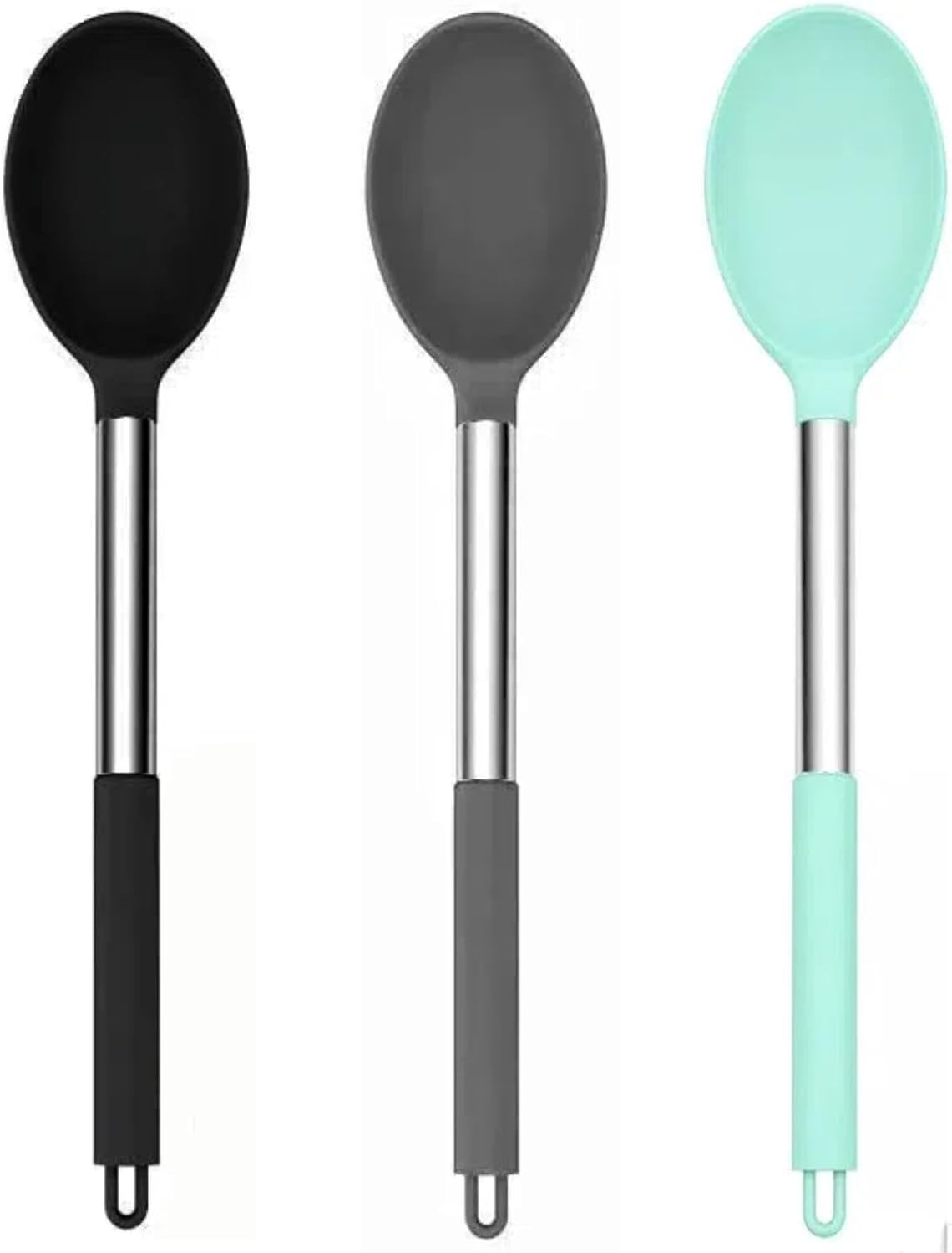Silicone Solid Cooking Spoon Set (13.2"), 3-Pack Large Stainless Steel Handle Non Stick Server Spoon Heat Resistant 600°F, Metal Basting Spoon, Kitchen Utensils for Mixing Serving