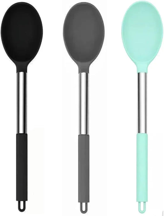 Silicone Solid Cooking Spoon Set (13.2"), 3-Pack Large Stainless Steel Handle Non Stick Server Spoon Heat Resistant 600°F, Metal Basting Spoon, Kitchen Utensils for Mixing Serving