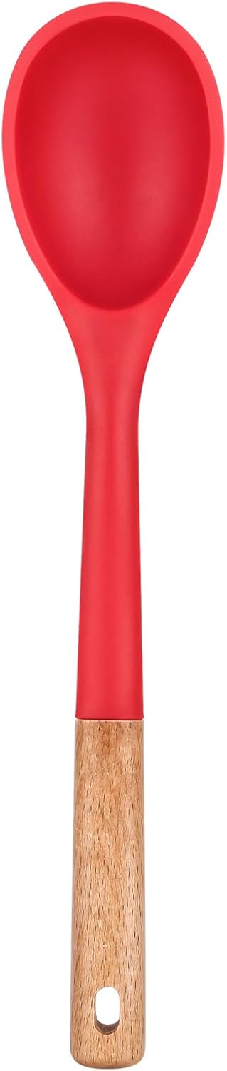 Large Silicone Cooking Spoons, Nonstick Solid Wooden Handle Spoon, Heat Resistan Silicone Kitchen Spoons for Cooking, Serving, Basting, Mixing, 13.2inch (Grey)