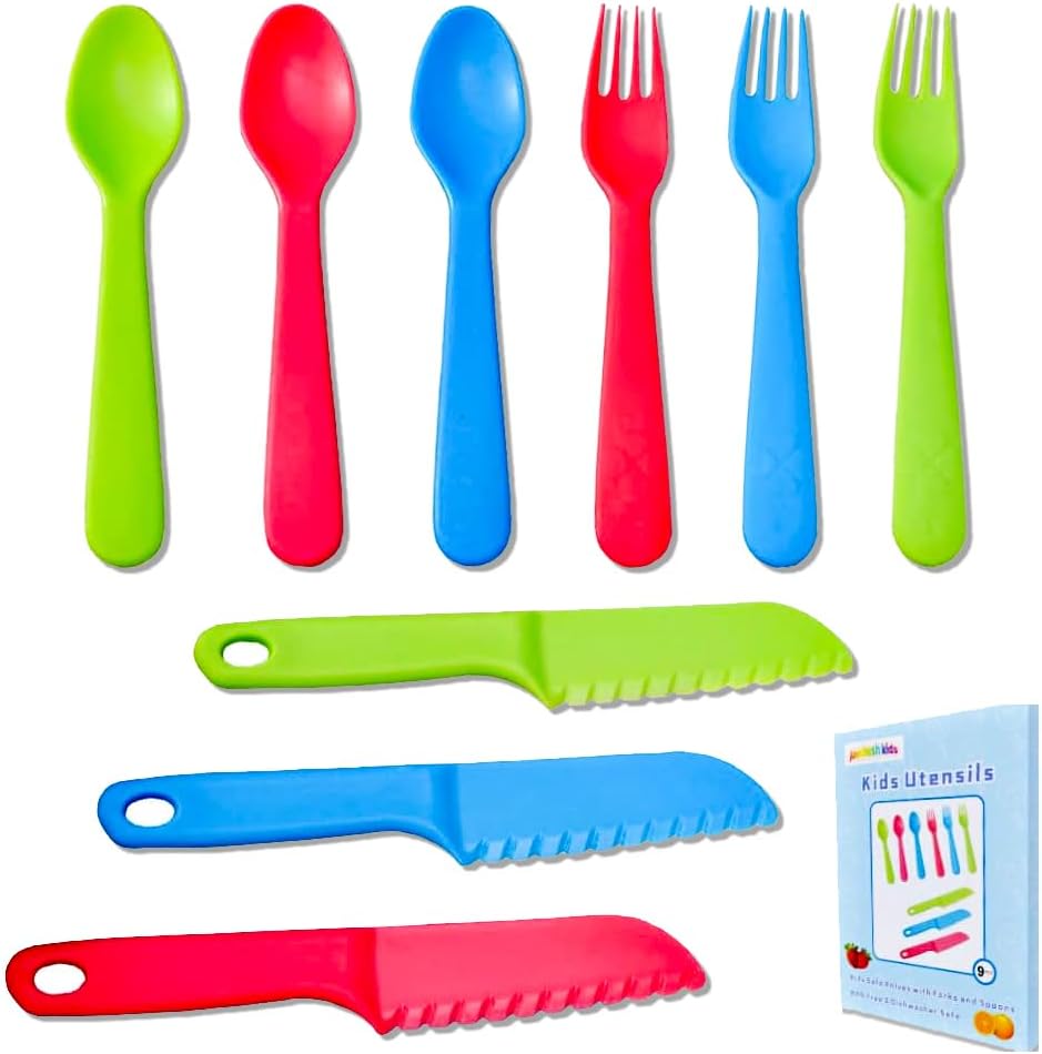 Jawbush 16 Pcs Kids Utensils, Plastic Kids Forks and Spoons, Reusable Toddler Utensils, Durable Flatware Set for Lunch Box, Easy to Use, BPA Free