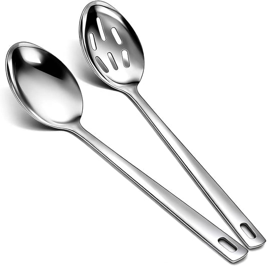 Kyraton Cooking Spoon Set, Stainless Steel Kitchen Cooking Serving, Solid Spoon, Slotted Spoon, Heat Resistant Handle, Dishwasher Safe, Easy to Clean