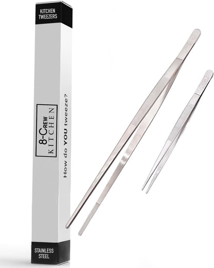 8-CREW KITCHEN Professional Chef Tongs 2 pc Set - 12” 304 Stainless Steel Tweezer for Cooking and Multi-Use - 6” Culinary Tweezer for Plating, Bar and Food Decorating