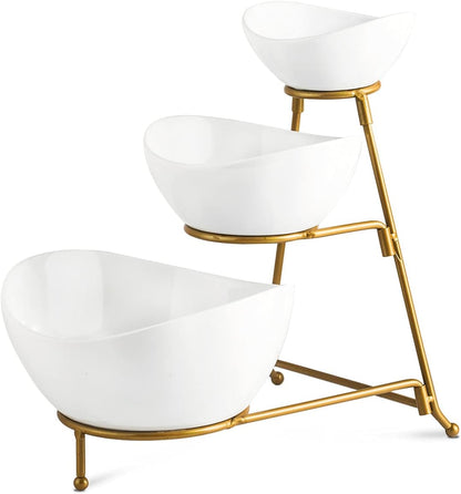 YHOSSEUN 3 Tier Serving Stand Oval Serving Bowl with Metal Rack, Tied Serving Bowls Food Display Dessert Appetizer, Chip and Dip Serving Bowl Set for Parties, Gold-45oz / 17.5oz / 7oz