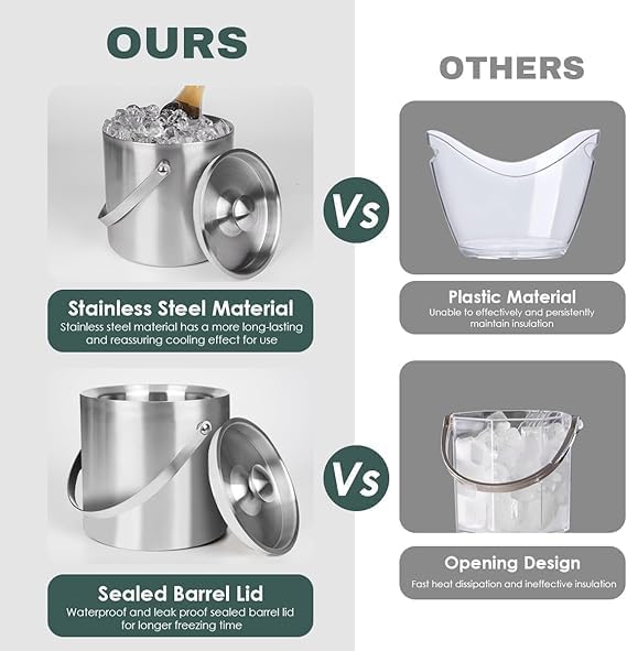 3L beige white Double Wall Insulated Stainless Steel Ice Bucket with scoop for Cocktail Bar,Metal Ice Bucket for freezer with Lid for parties.ice Container to Keep Ice Colder,bar cart accessories