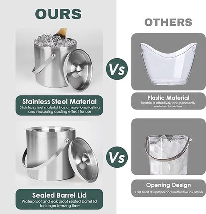 3L beige white Double Wall Insulated Stainless Steel Ice Bucket with scoop for Cocktail Bar,Metal Ice Bucket for freezer with Lid for parties.ice Container to Keep Ice Colder,bar cart accessories