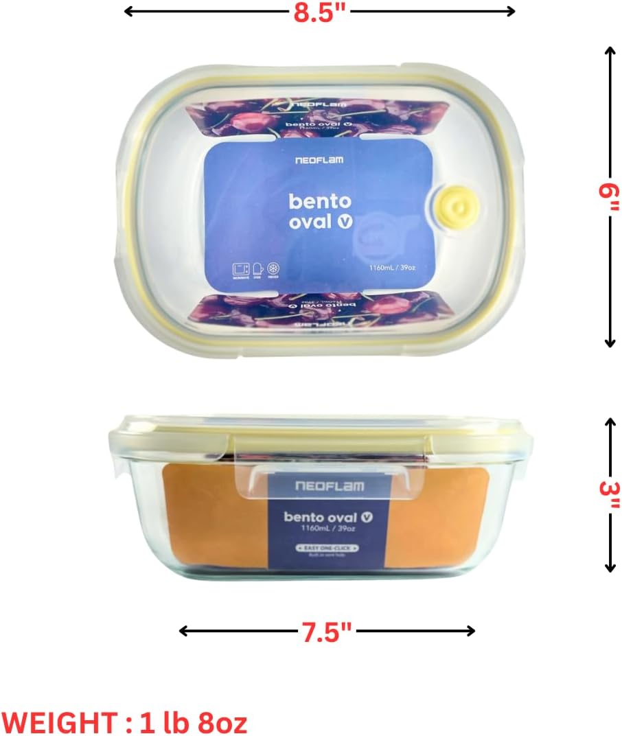 Neoflam 2 Compartment Glass Food Container with Airtight Lid – Divided Oval Bento Lunch Box with Vent, Reusable Meal Prep Storage, Microwave, Oven & Dishwasher Safe (37 oz, 1.1 Liter, 4.6 cups)