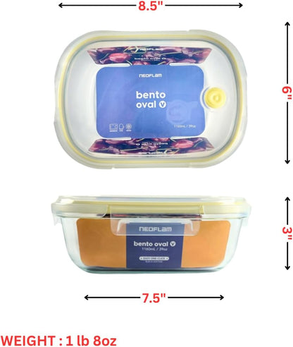 Neoflam 2 Compartment Glass Food Container with Airtight Lid – Divided Oval Bento Lunch Box with Vent, Reusable Meal Prep Storage, Microwave, Oven & Dishwasher Safe (37 oz, 1.1 Liter, 4.6 cups)