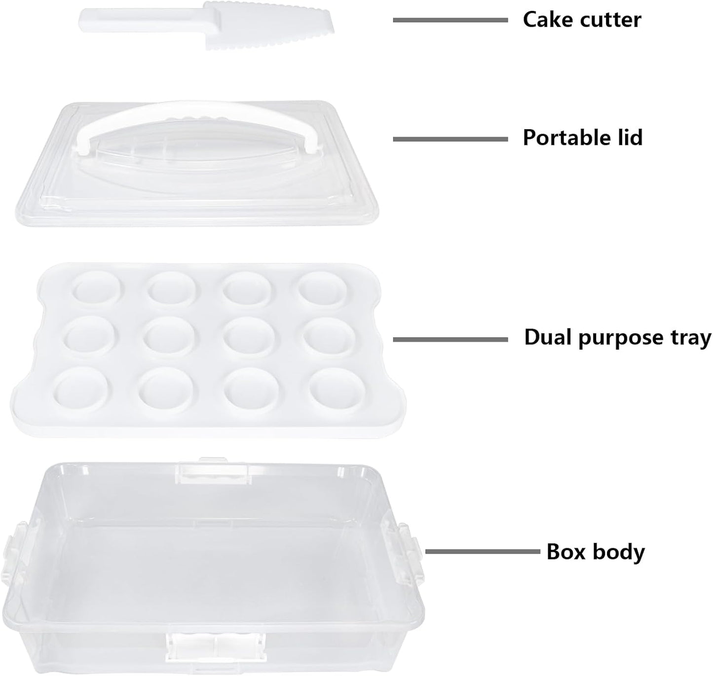 1Pack White Plastic Cake and Cupcake Carrier Holder, Large Portable Storage Container for Storing 12 Cupcakes or 1 Large Cake