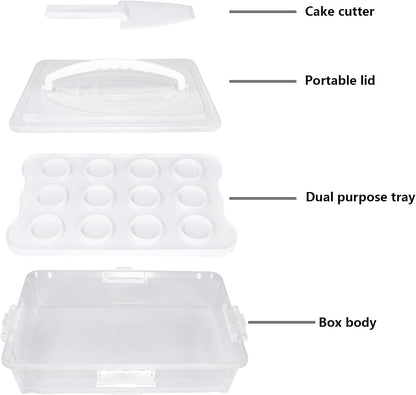 1Pack White Plastic Cake and Cupcake Carrier Holder, Large Portable Storage Container for Storing 12 Cupcakes or 1 Large Cake