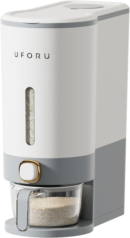 UFORU Rice Dispenser, Rice Storage Container with Measuring Cup for Kitchen Pantry Household, Dry Food Storage Containers Airtight, Sealed Moisture Proof (White 13Lbs)