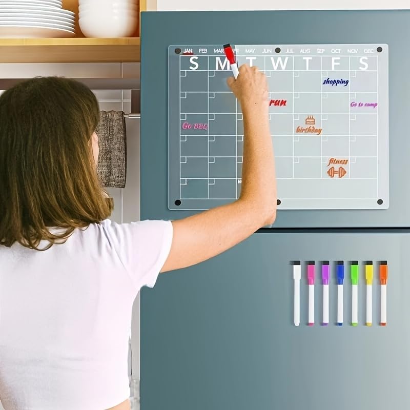Acrylic Magnetic Dry Erase Board Calendar for Fridge, Clear Monthly and Weekly Meal Planner Whiteboard Refrigerator, Menu Board for Kitchen (Monthly Plan)