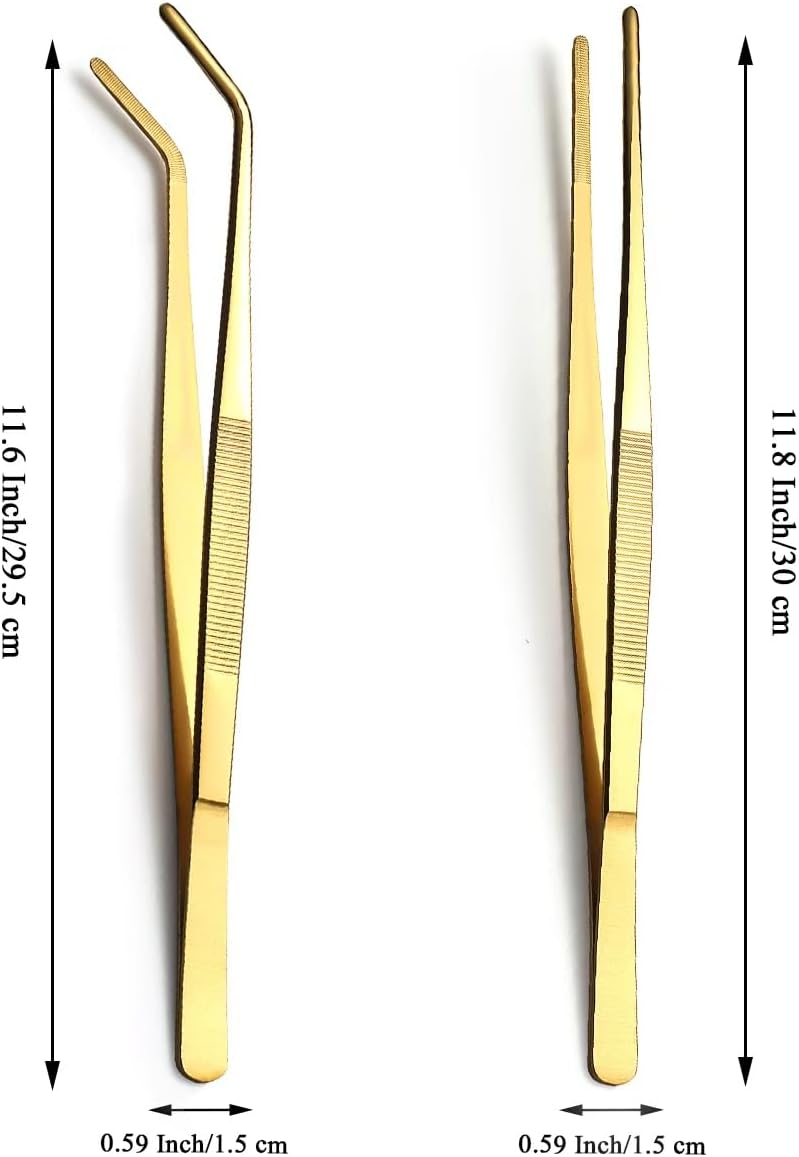 Berglander Kitchen Tweezers Tongs 2pcs, 12" Extra-Long Titanium Gold Plating Stainless Steel Metal Heavy Duty Cooking Tweezers for Chef, Serving Food, Grill, Culinary, Pasta, Salad, BBQ