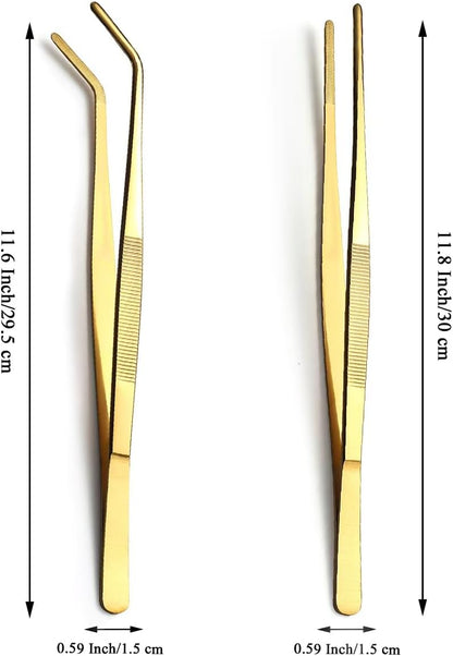 Berglander Kitchen Tweezers Tongs 2pcs, 12" Extra-Long Titanium Gold Plating Stainless Steel Metal Heavy Duty Cooking Tweezers for Chef, Serving Food, Grill, Culinary, Pasta, Salad, BBQ