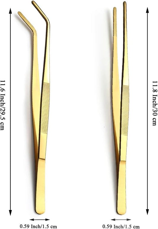 Berglander Kitchen Tweezers Tongs 2pcs, 12" Extra-Long Titanium Gold Plating Stainless Steel Metal Heavy Duty Cooking Tweezers for Chef, Serving Food, Grill, Culinary, Pasta, Salad, BBQ
