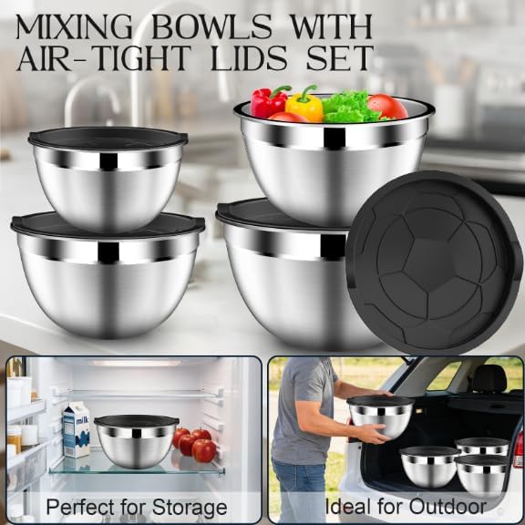 DUTZUN Mixing Bowls with Lids Set - 16pcs Stainless Steel Mixing Bowl Set with Colander, 3 Grater Attachments, Non-Slip Bottom, Metal Nesting Bowls with Strainer for Mixing & Serving - Black