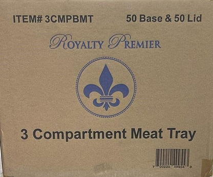 Royalty Premier 3 Compartment Meat Tray, 50 Base and 50 Lid Set