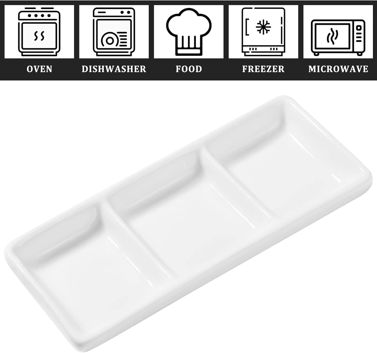 Yardwe Ceramic 3-Compartment Appetizer Serving Tray Rectangular Divided Sauce Dishes for Soy Sauce Spices and Condiments Versatile Snack Platter for Entertaining