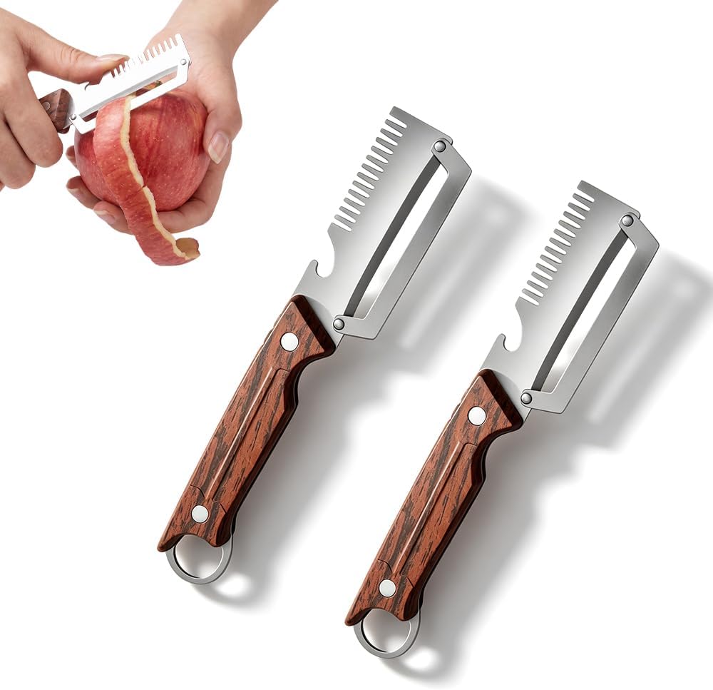 Multi-Functional Vegetable Peeler for Kitchen,3-in-1 Stainless Steel Peeler With Wooden Handle & Bottle Opener &Scallion shredder,Kitchen Gadgets For Fruit Pumpkin Peeling Potato Carrot Peeler