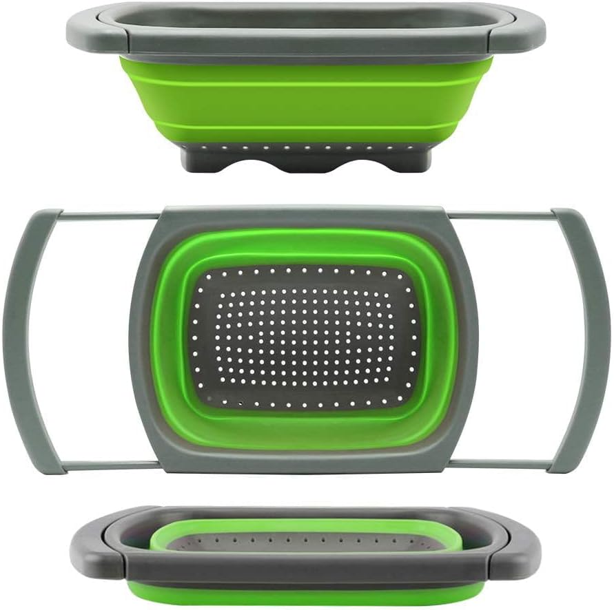 Collapsible Colander Strainer with Extendable Handles - Over the Sink Vegetable/Fruit Colanders Strainers for Kitchen, Capacity of 6 quart (Blue)
