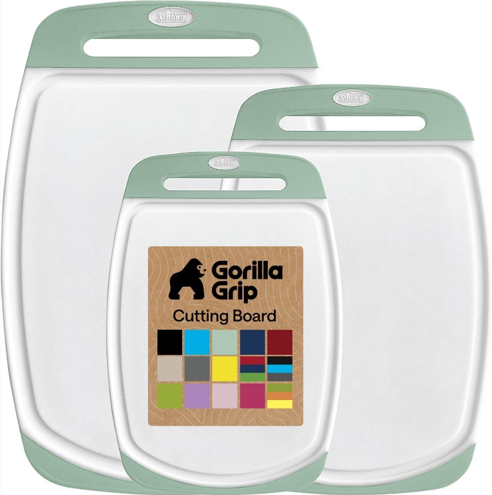 GORILLA GRIP BPA-Free Reversible Kitchen Cutting Board Set of 3, US Designed, Nonporous, Juice Grooves Catch Liquid, Slip Resistant Border, Dishwasher Safe, Durable Large Food Chopping Boards, Black