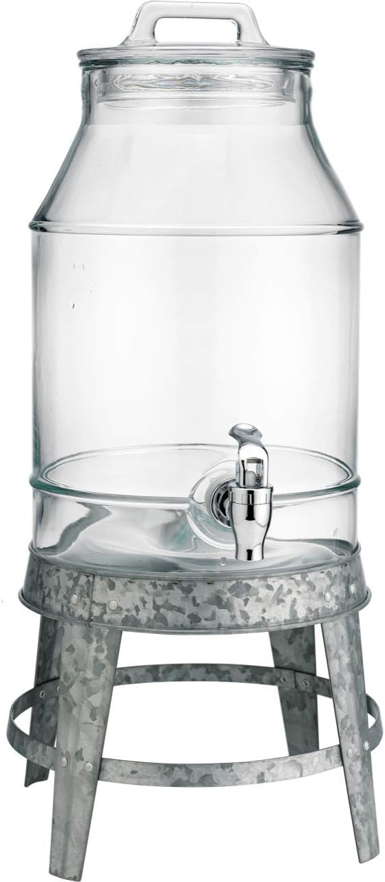 Classic Ice Cold Clear Glass Mason Jug Drink Beverage Dispenser Durable On Galvanized Stand 3 Gallon With Leak Free Spigot-Easy Filling For Outdoor, Parties & Daily Use Lid